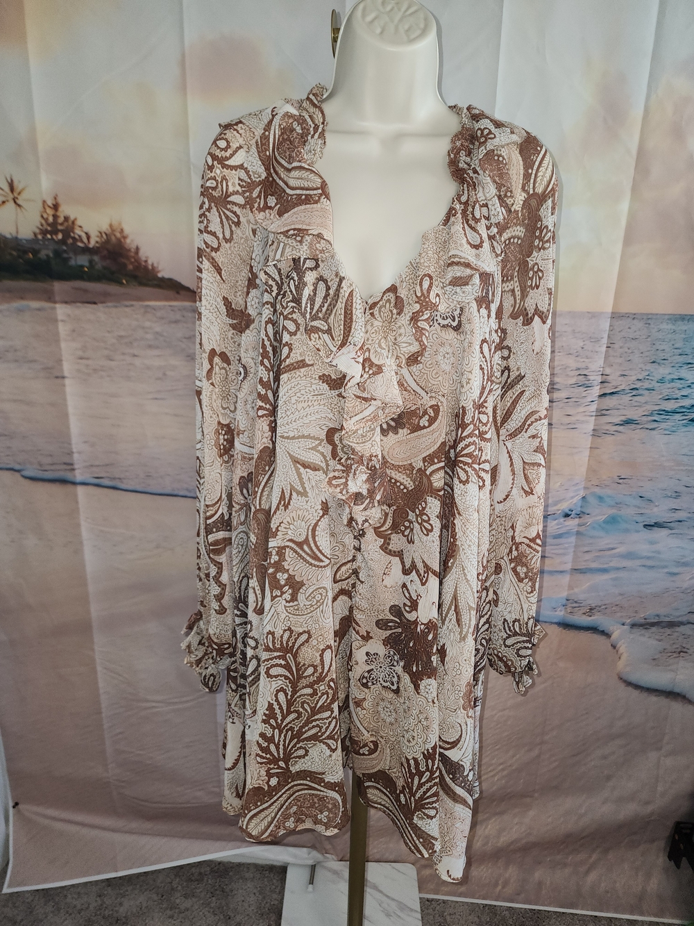 House of Harlow 1960 Brown & Cream Paisley Ruffle V-Neck Long Sleeve Dress